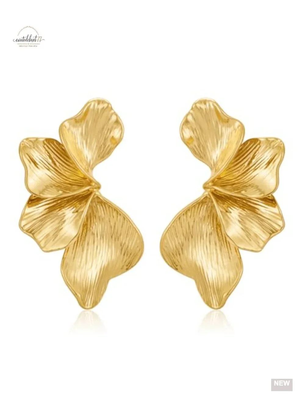 Chunky Gold Plated Sectored Flower Leaf Dangle Earrings Hypoallergenic